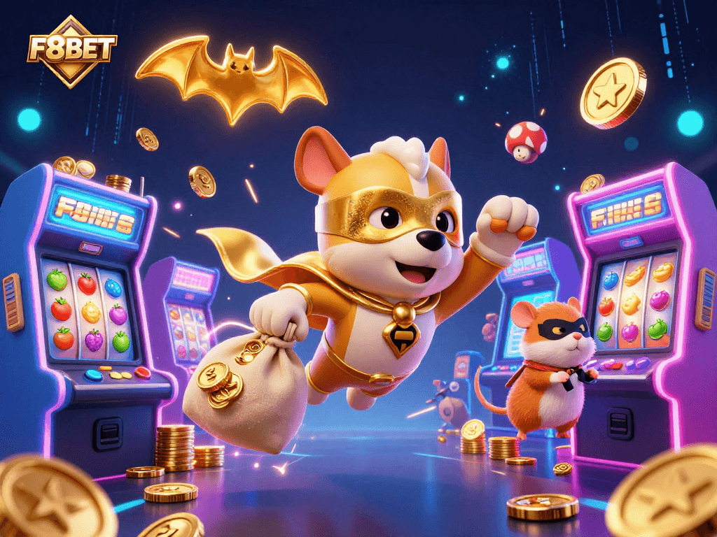 Experience exhilarating gameplay with F8BET as a superhero dog and sidekick hamster engage in a vibrant casino setting.