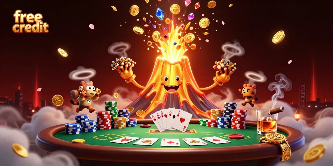 Experience free credit offers at top online casinos with a vibrant 3D illustration of a volcano pouring treasure.