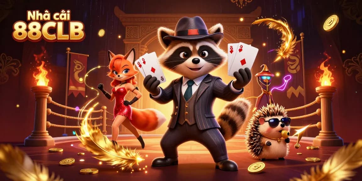 Engage in thrilling action with Nhà cái 88CLB through a vibrant casino scene featuring a suave raccoon and charming companions.
