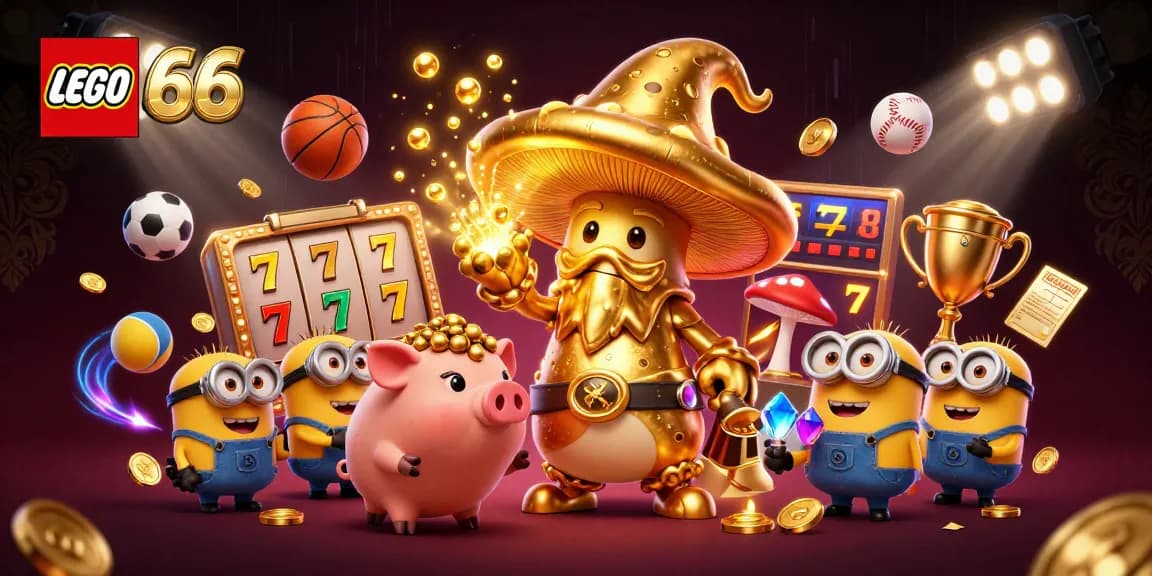 Lego66 showcases a magical golden mushroom wizard engaging in exciting slot gameplay with dynamic 3D elements.