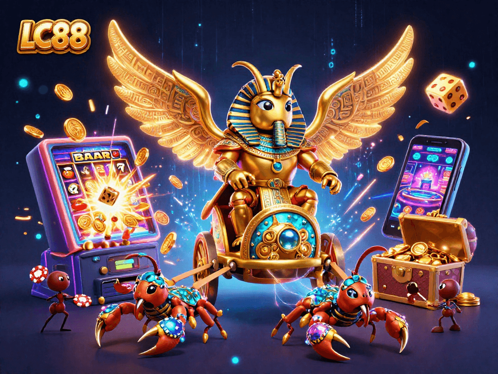 Experience thrilling gameplay at LC88 with this vibrant, detailed 3D casino illustration showcasing dynamic elements.