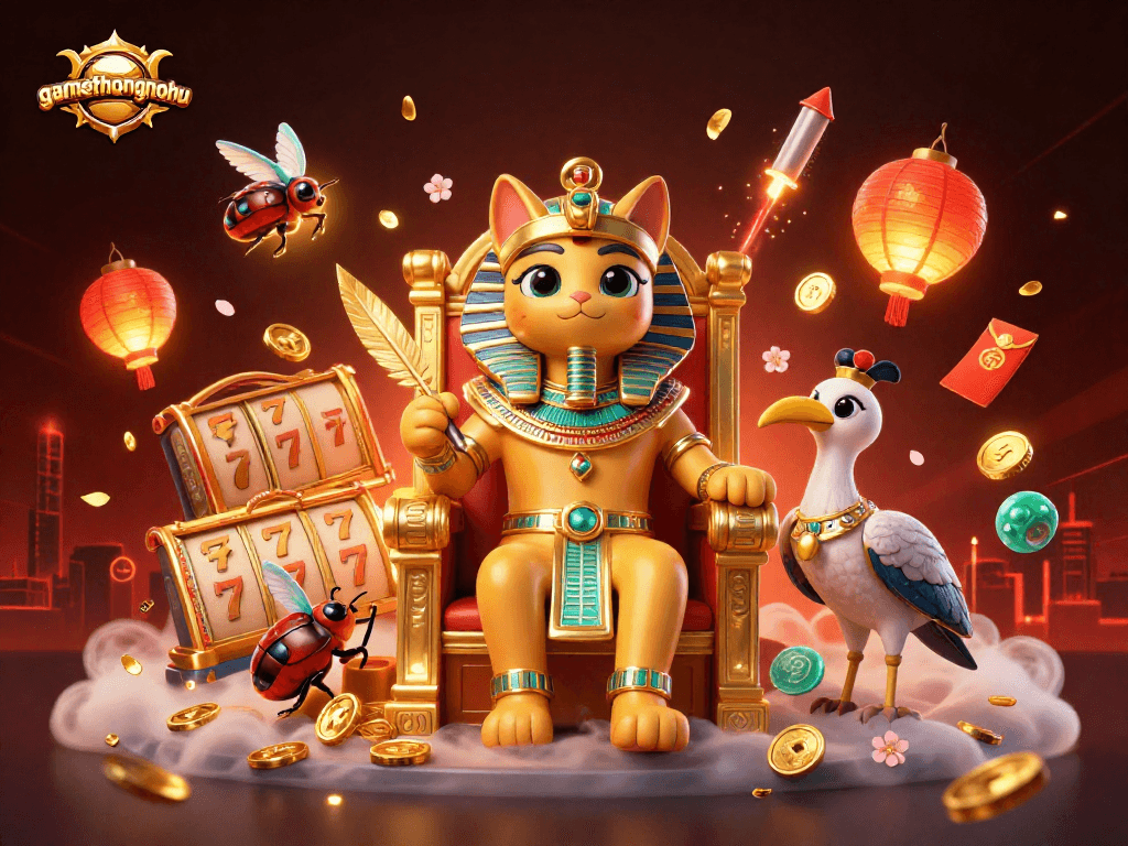 Engage with gamethuongnohu in this vibrant 3D illustration featuring an Egyptian cat pharaoh.