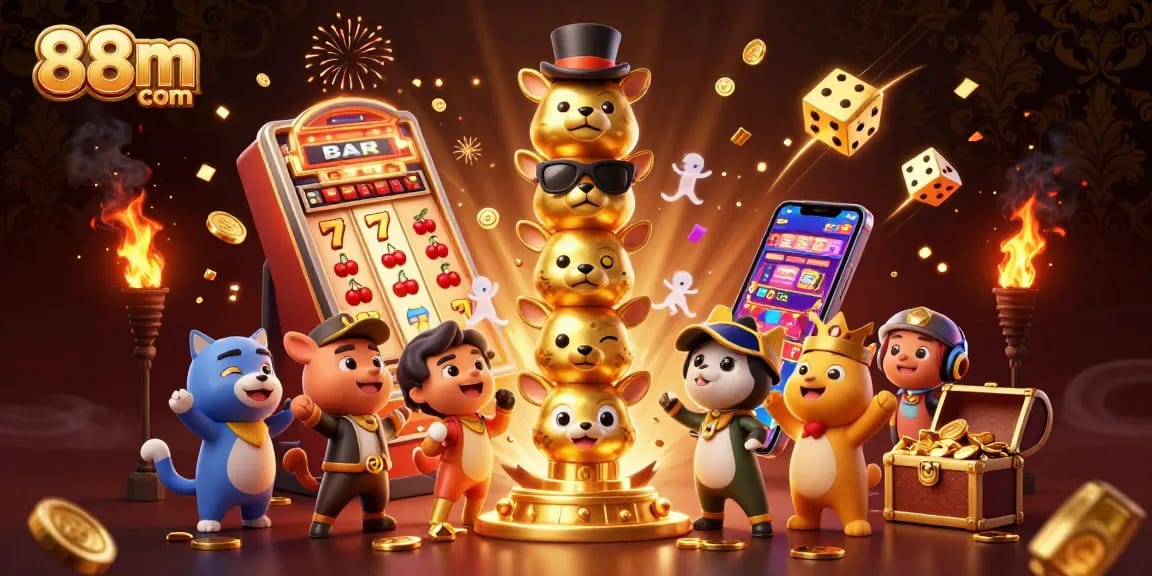 Experience excitement at 88m com with a vibrant slot machine jackpot scene of 3D characters and casino elements.