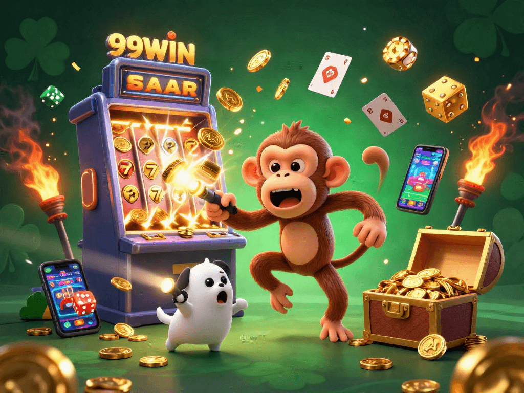 Join the fun at 99WIN with a poltergeist monkey in a vibrant casino scene full of excitement