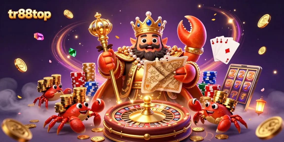Engage in the vibrant world of tr88top with a golden crab emperor, treasure map, and spinning roulette.