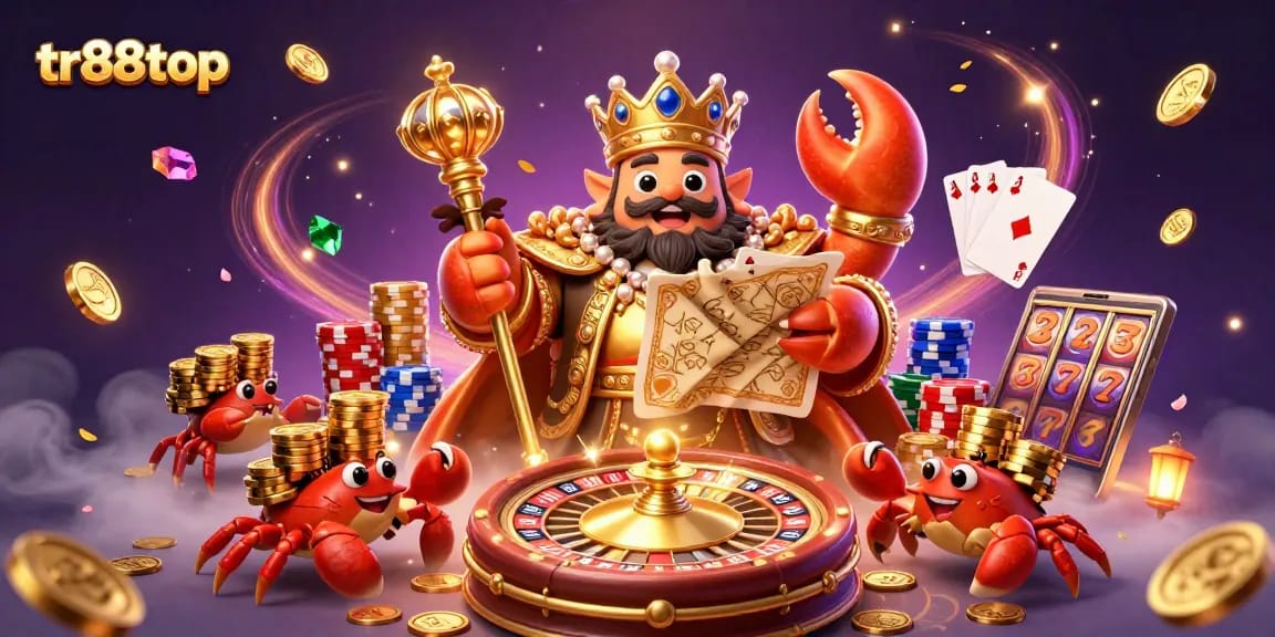 Engage in the vibrant world of tr88top with a golden crab emperor, treasure map, and spinning roulette.