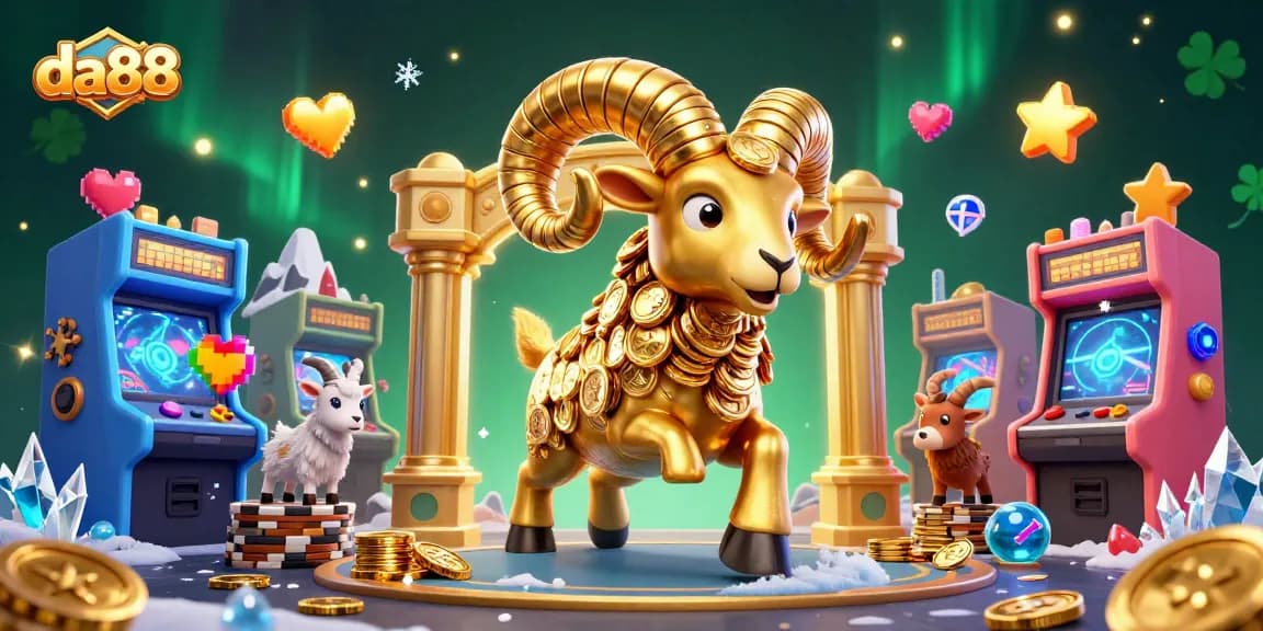 Experience thrilling jackpots at da88 with coins flying, vibrant arcade machines, and a golden ram powering the excitement.