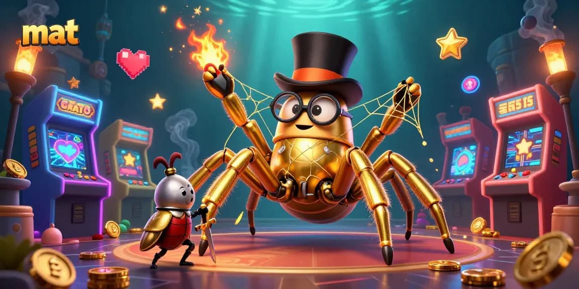 Engage in thrilling gambling adventures with mat at the vibrant casino scene filled with golden creatures and arcade elements.