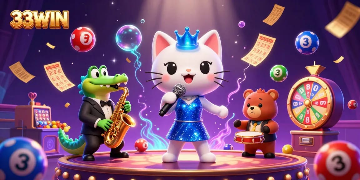 Experience the dynamic energy of 33WIN with a lively casino scene filled with music and vibrant game elements.