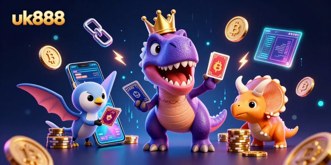 Engage with thrilling uk888 gameplay featuring animated dinosaurs stacked with chips and crypto coins.