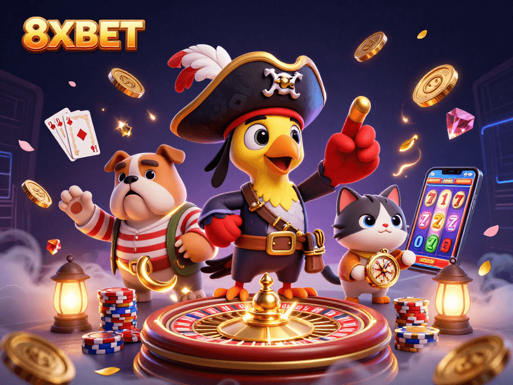 Experience thrilling games at 8XBET with vibrant characters and casino elements.