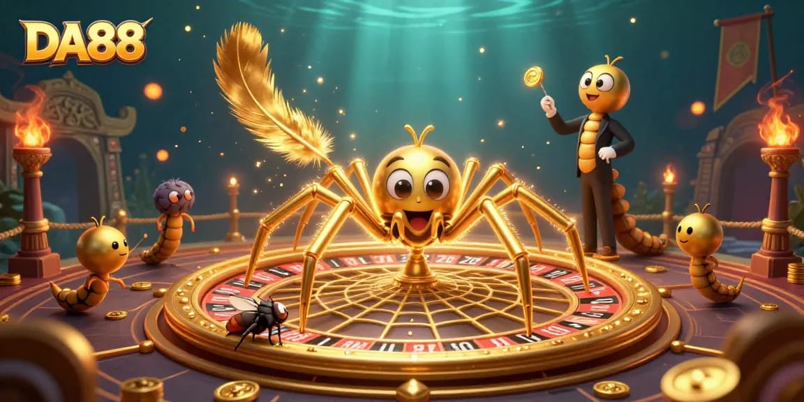 Engage in thrilling bets with DA88 on a roulette wheel spun by a golden spider in a casino setting.