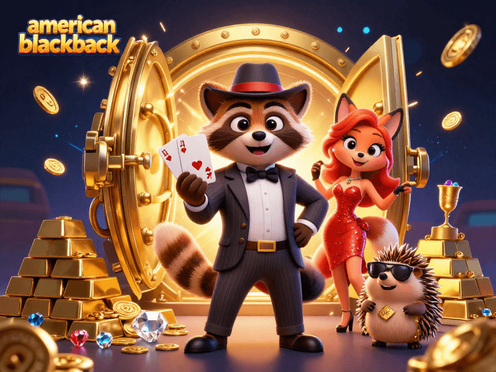 Experience American Blackjack excitement with a suave raccoon, charming fox, and bouncer in a glittering casino.