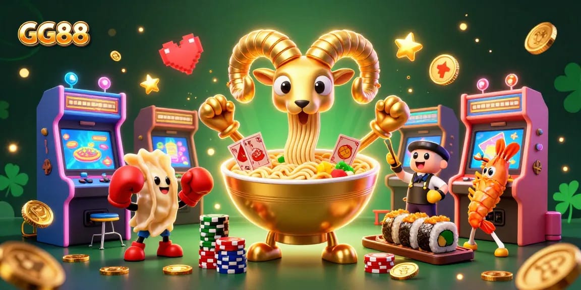 Engage with GG88 in this vibrant 3D casino illustration featuring a playful ramen character dealing cards.
