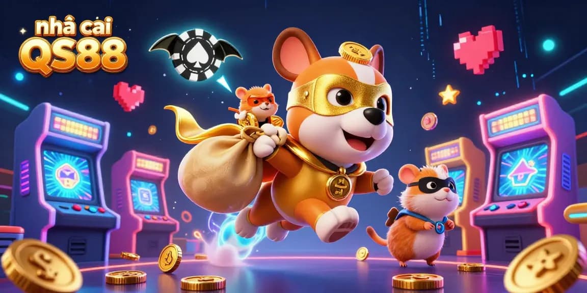Experience excitement at nhà cái QS88 with cartoon characters amidst vibrant casino elements.