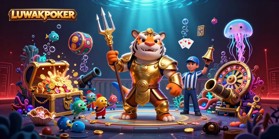 Engage with LUWAKPOKER and enjoy thrilling jackpot wins in this vibrant underwater colosseum scene.