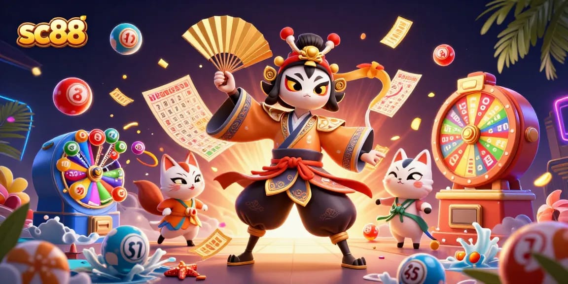 Experience the thrill of gambling with SC88's vibrant 3D casino characters and lottery elements.