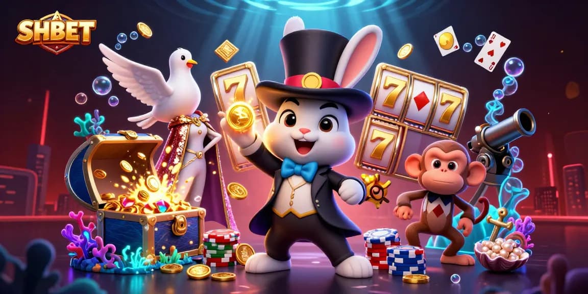SHBET illustrates a vibrant casino scene with a magician rabbit, dove, and monkey amidst lively slot elements and treasures.