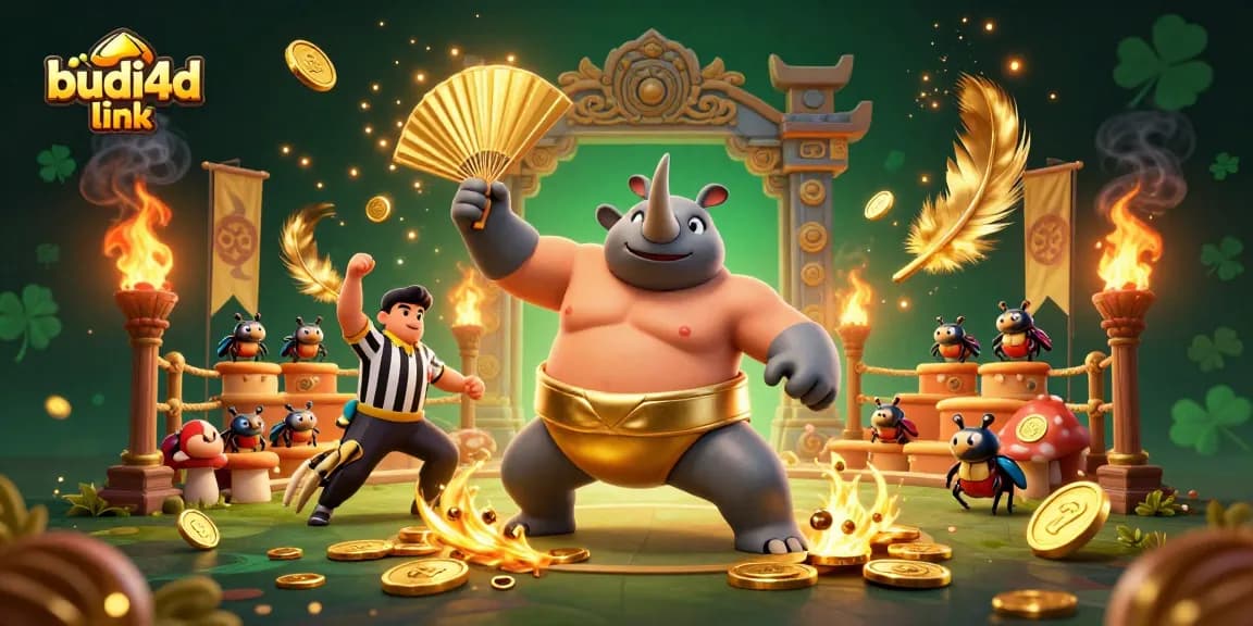Experience the excitement of winning with budi4d link illustrated by a dynamic 3D beetle sumo champion stomping coins.