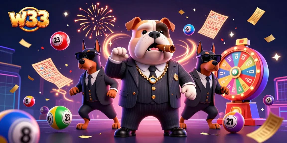 Engage with w33’s thrilling casino experience featuring a mafia boss bulldog and vibrant game elements.