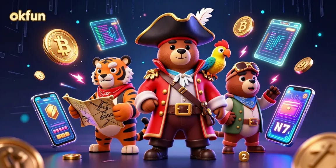 Engage with exciting casino adventures at okfun featuring vibrant 3D pirate-themed characters and crypto elements.