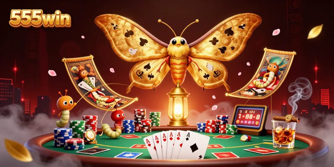 Experience captivating gameplay at 555win with a vibrant poker scene featuring a golden moth and dynamic casino elements.