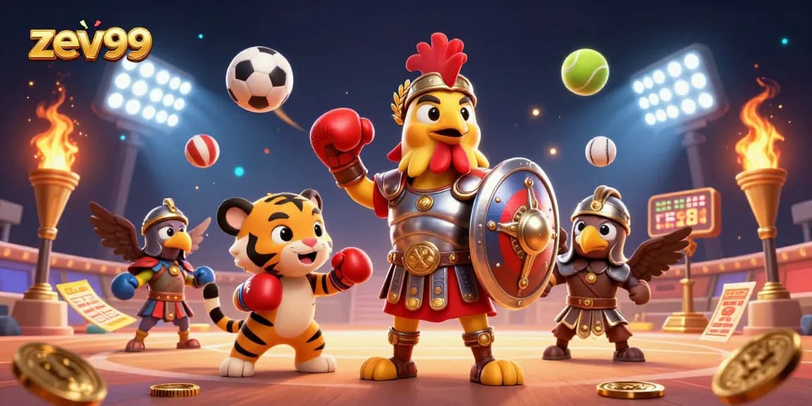 Zev99 players engaging in an exciting casino showdown between a gladiator rooster and a tiger cub in a vibrant arena.