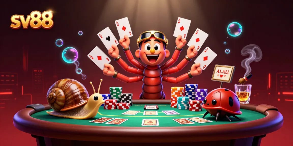 Join the excitement at sv88 with a dynamic 3D casino scene featuring a millipede dealer, high-roller snail, and immersive game elements.