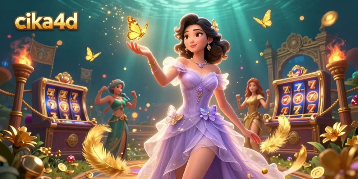 Spin the reels with CIKA4D in a vibrant online casino scene featuring slots and dazzling effects.