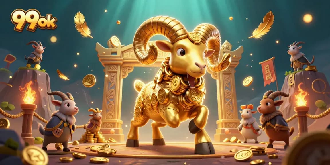Experience thrilling casino action at 99 ok with dynamic golden ram at the gate surrounded by coins and betting tokens.