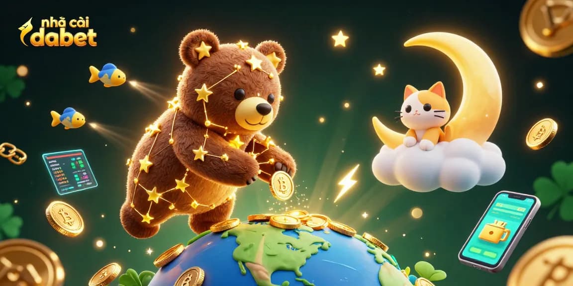 Engage with nhà cái dabet through a vibrant cosmic casino scene showcasing golden coins and cryptocurrency elements.