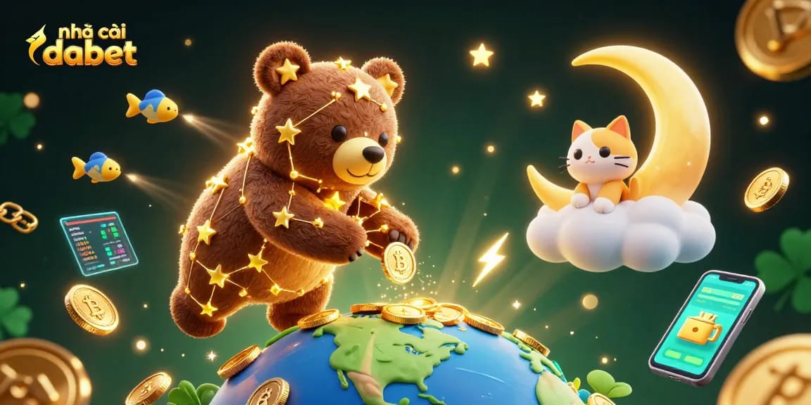 Engage with nhà cái dabet through a vibrant cosmic casino scene showcasing golden coins and cryptocurrency elements.