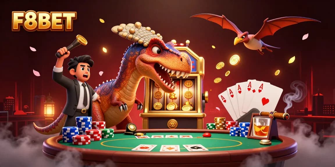 F8BET showcases a pachycephalosaurus winning a jackpot while chaos ensues in a vibrant casino