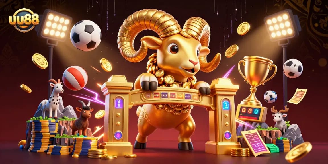 Enjoy thrilling bets and wins with uu88 featuring golden ram icon in a dynamic casino scene.