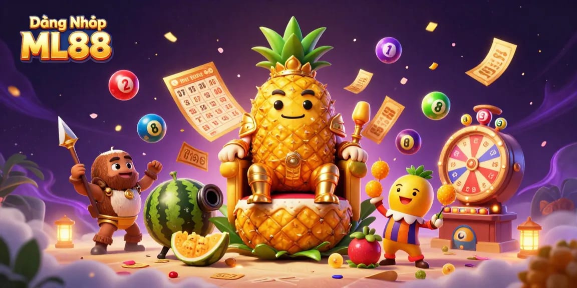 Engage in thrilling gameplay with Đăng Nhập ML88 as a golden pineapple king rules a vibrant casino.