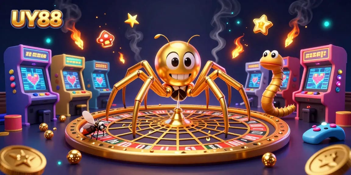 Experience the thrill at UY88 with a golden spider spinning luck and excitement in this dynamic casino scene.