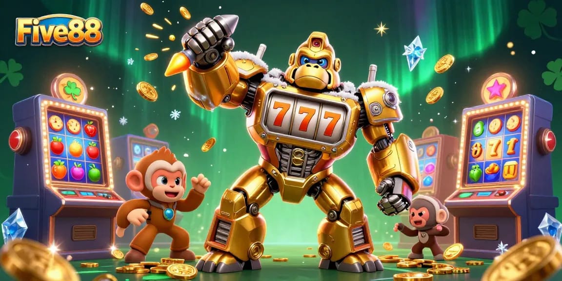 Five88 powerfully showcases an explosive slot gaming scene with a golden mech and coins in action.