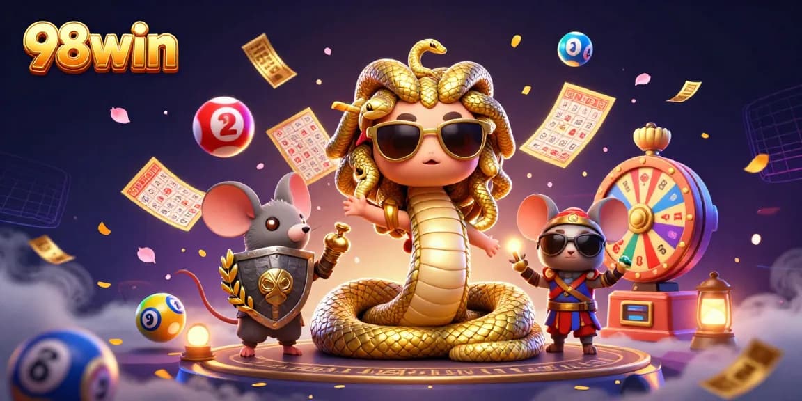 Engage with thrilling games at 98win, showcasing colorful lottery elements and dynamic casino vibes.