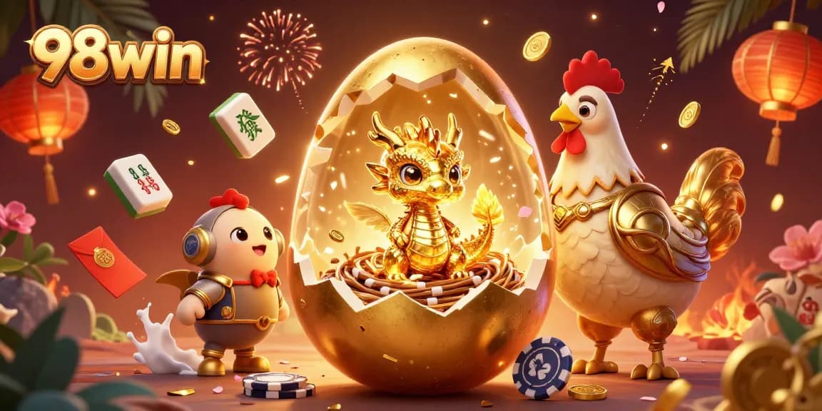 Engage with exciting 98win casino adventures featuring a golden dragon, poker chips, and festive elements.