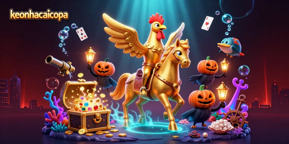Join the excitement at keonhacaicopa with a golden rooster in a dazzling casino environment.