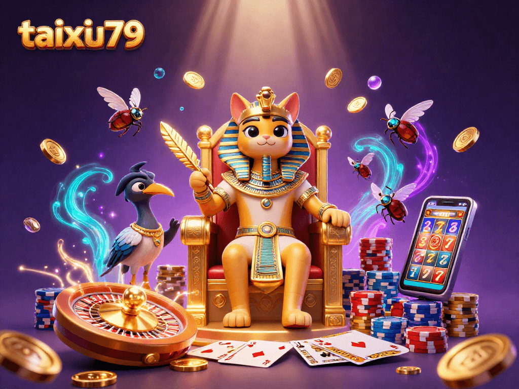 Engage in thrilling gameplay at taixiu79 with lively casino characters amidst spinning roulette and flying coins!