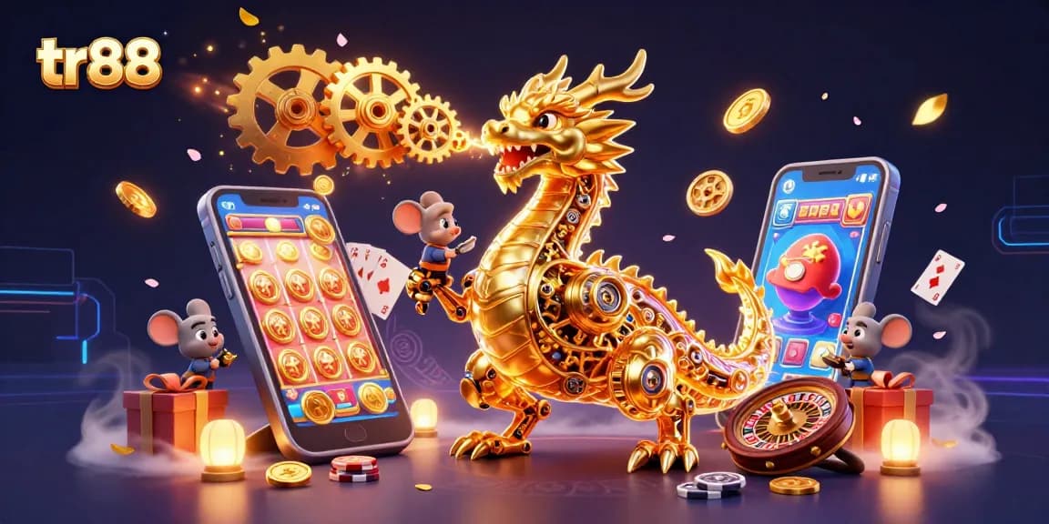 Experience exciting gameplay with tr88 amidst a fantastic 3D casino scene featuring a golden dragon.
