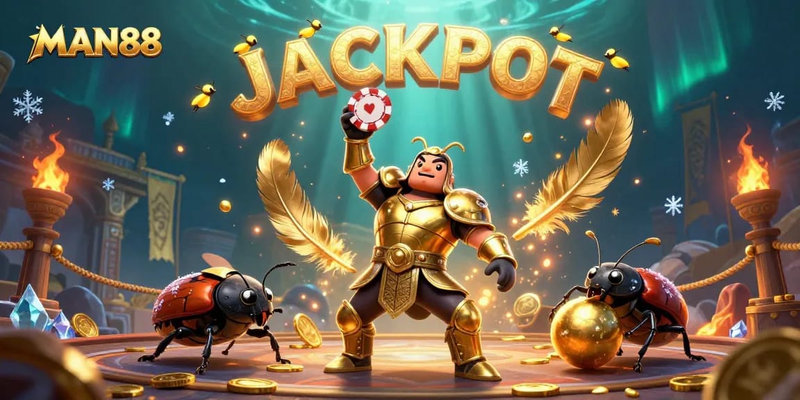 MAN88's vibrant victory scene celebrates gambling success with interactive characters and golden elements.