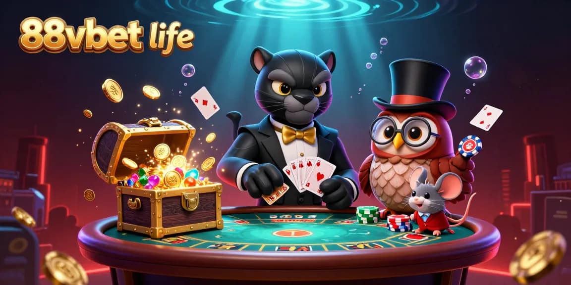 Join the fun at 88vbet life with an exciting 3D scene of a panther dealer, owl, and mouse amidst vibrant casino elements.
