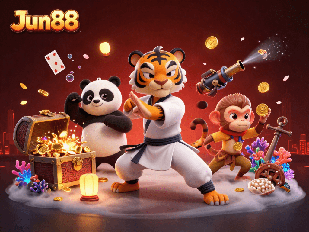Engage with Jun88's thrilling casino adventures featuring kung fu characters amidst treasure and excitement.