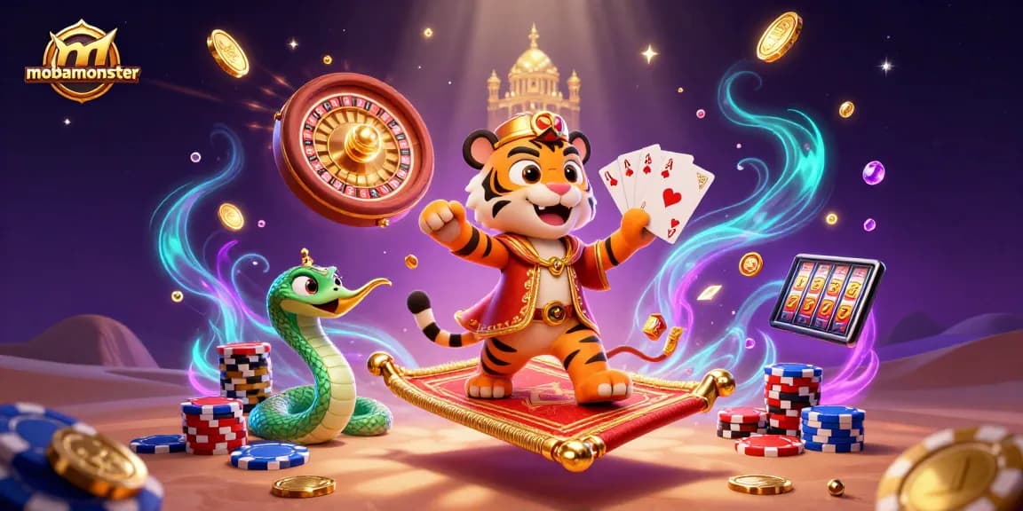 Experience thrilling gameplay with mobamonster's vibrant casino scene featuring a sultan and magical treasures.