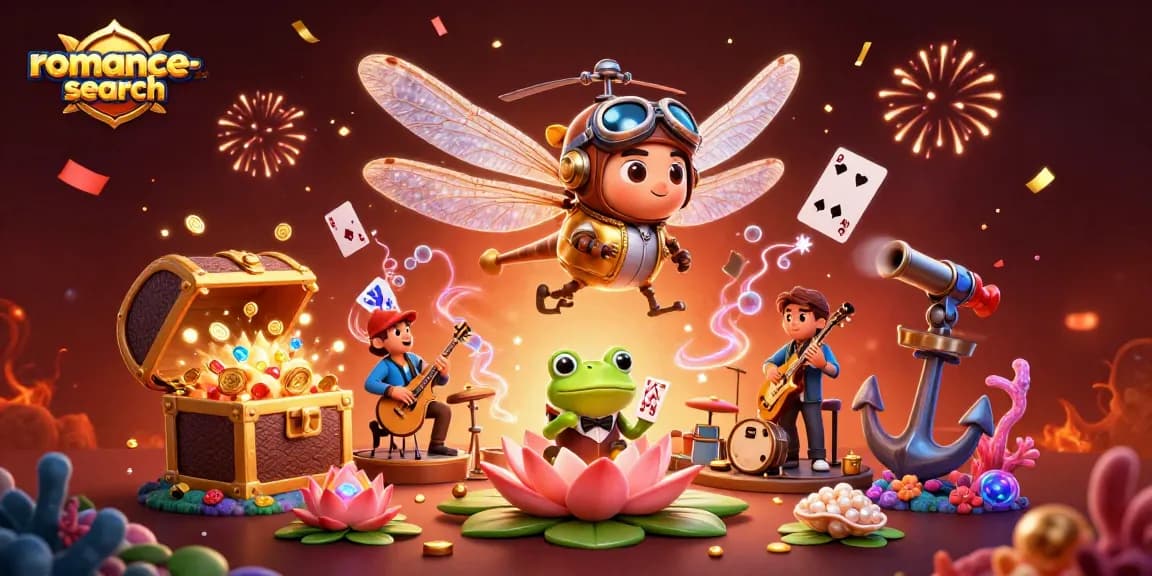 Engage with romance-search through an exhilarating casino scene depicting a dragonfly pilot and frog croupier in vibrant gambling action.
