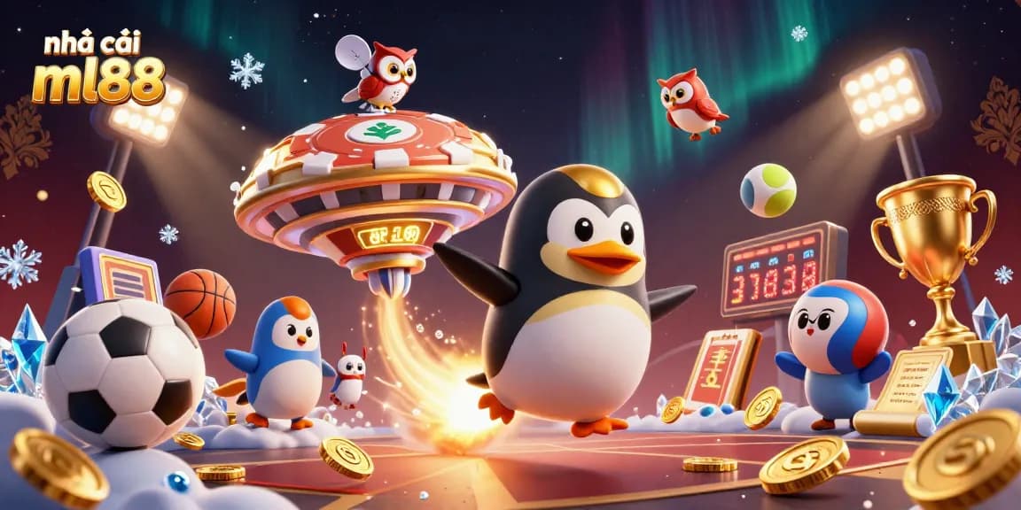 Experience the excitement at nhà cái ml88 with a dynamic 3D casino scene featuring a golden penguin and sports elements.