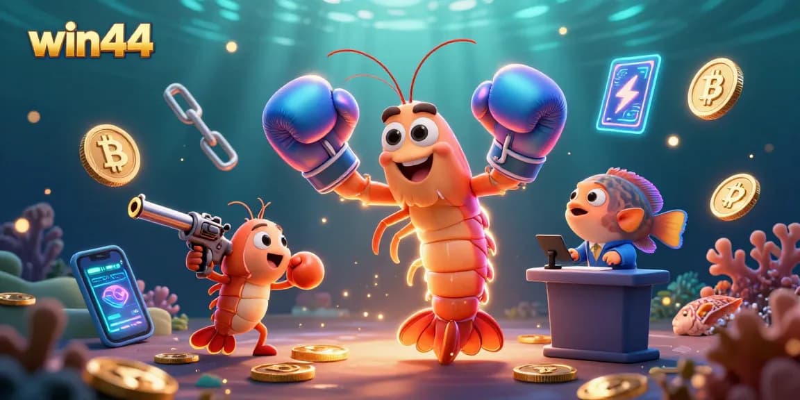 Win44 gambling scene featuring vibrant characters and crypto-themed elements in a dynamic 3D illustration.