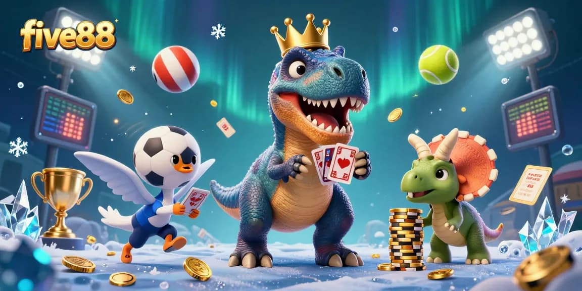 Experience thrilling gameplay with five88 as a T-Rex and friends manage casino chips and cards in an exciting setting.